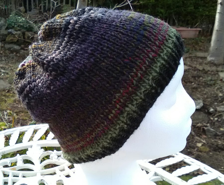 Handknit NORO Beanie Hat 100% Wool Stripey Black Green Purple MED