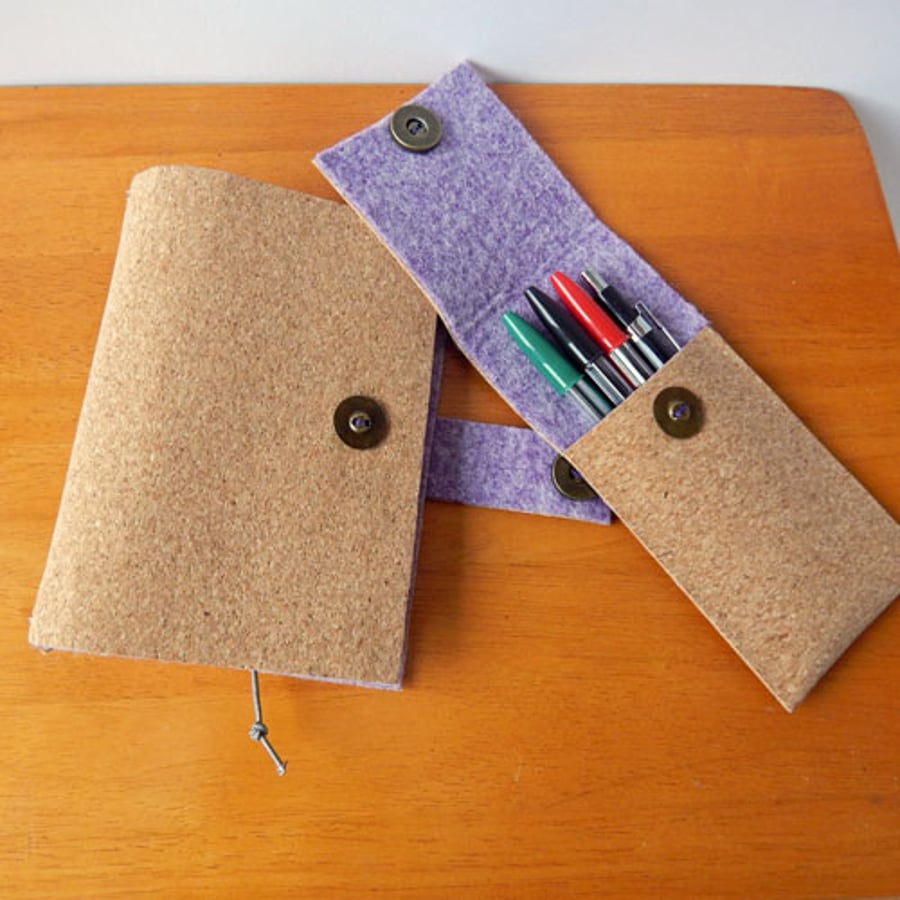 Notebook Cover & Pencil Case Set - Cork & Felt. MTO Choice of Colour Vegan Gifts