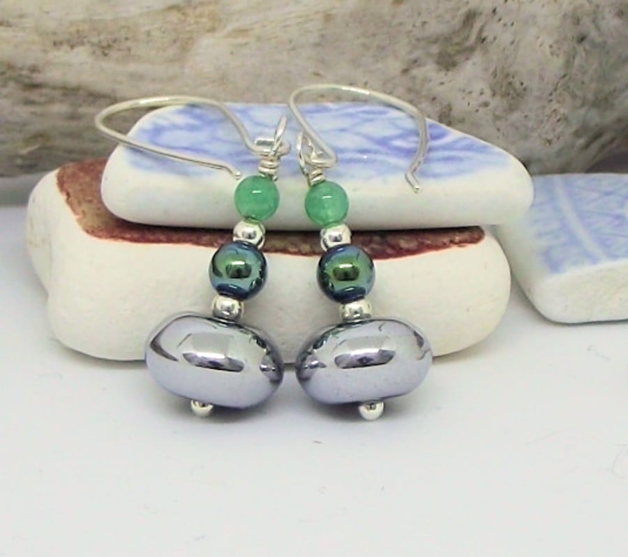 Earrings silver haematite teal jade gemstone sterling silver handmade