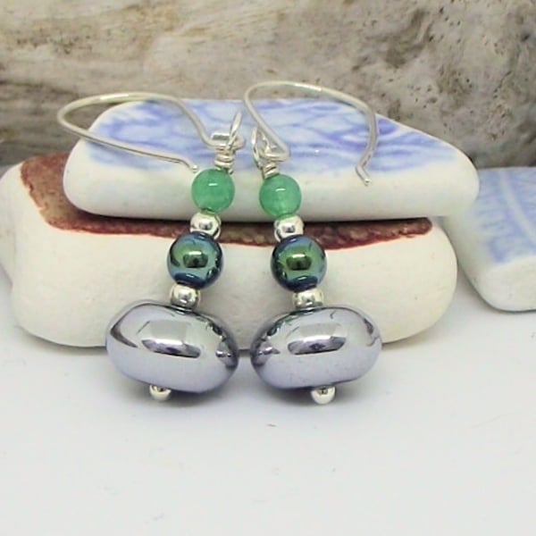 Earrings silver haematite teal jade