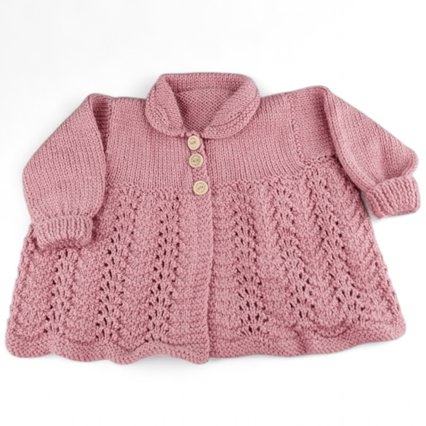 Rose pink Hand Knitted Baby Cardigan, Collared Sweater, Girls, Baby Shower Gift 