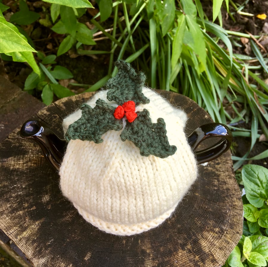 One Cup Christmas Holly Tea Cosy, Small Christmas Tea Cozy
