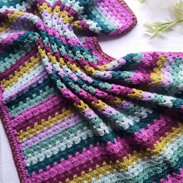 Seconds Sunday Crochet Baby Blanket. Lilac,Purple,Teal Granny Stripe