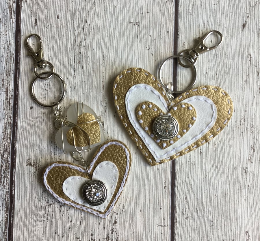 Set of 2 Gold & White Faux Leather Heart Shaped Bag Charms