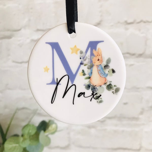 Peter rabbit name and initial decoration, ceramic ornament, New baby gift, New b
