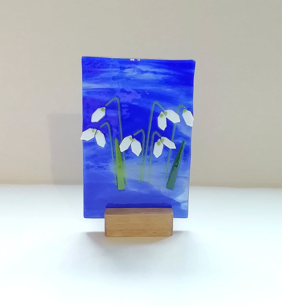Fused Glass Snowdrop Panel, Spring Ornament with Ash Stand