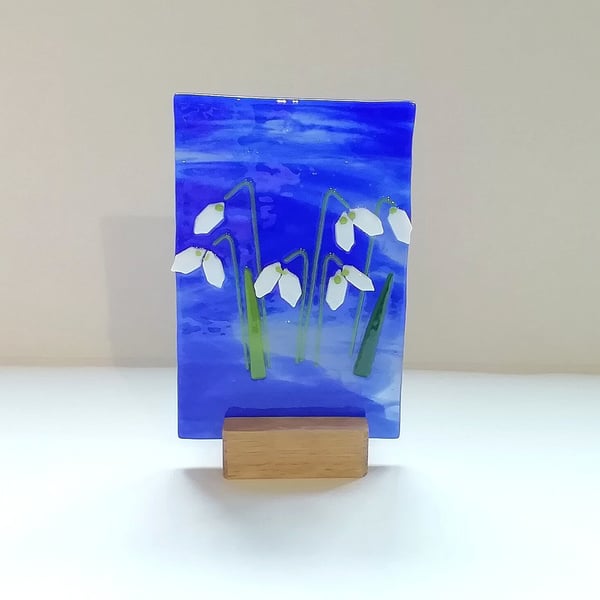 Fused Glass Snowdrop Panel, Spring Ornament with Ash Stand
