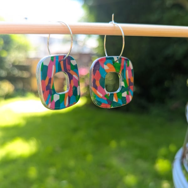 Colour burst polymer clay square dangle earrings 