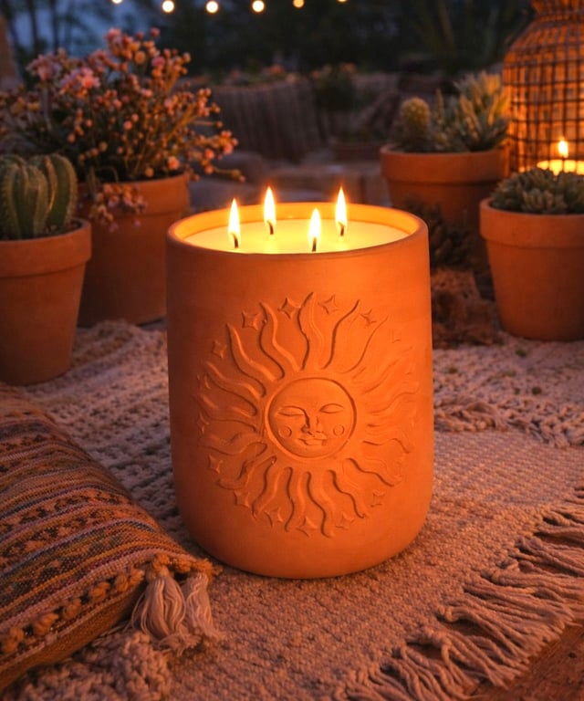Grande Terracotta 'Sun and Stars' garden candle with Citronella & Lemongrass