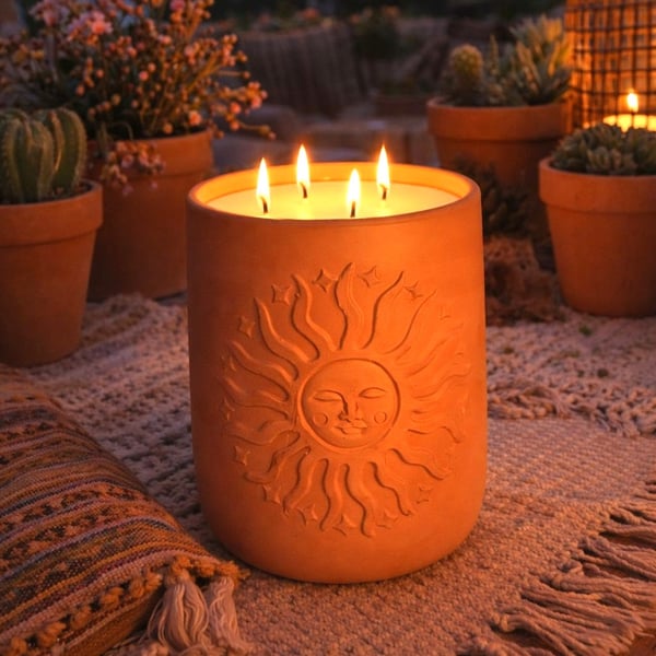 Grande Terracotta 'Sun and Stars' garden candle with Citronella & Lemongrass