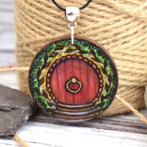 Woodland doorway. Pyrography fairy door, round wood pendant.