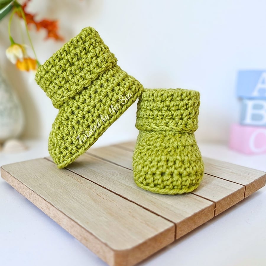 Pear Green Crochet Baby Booties – Baby Shower Gift - CLEARANCE 