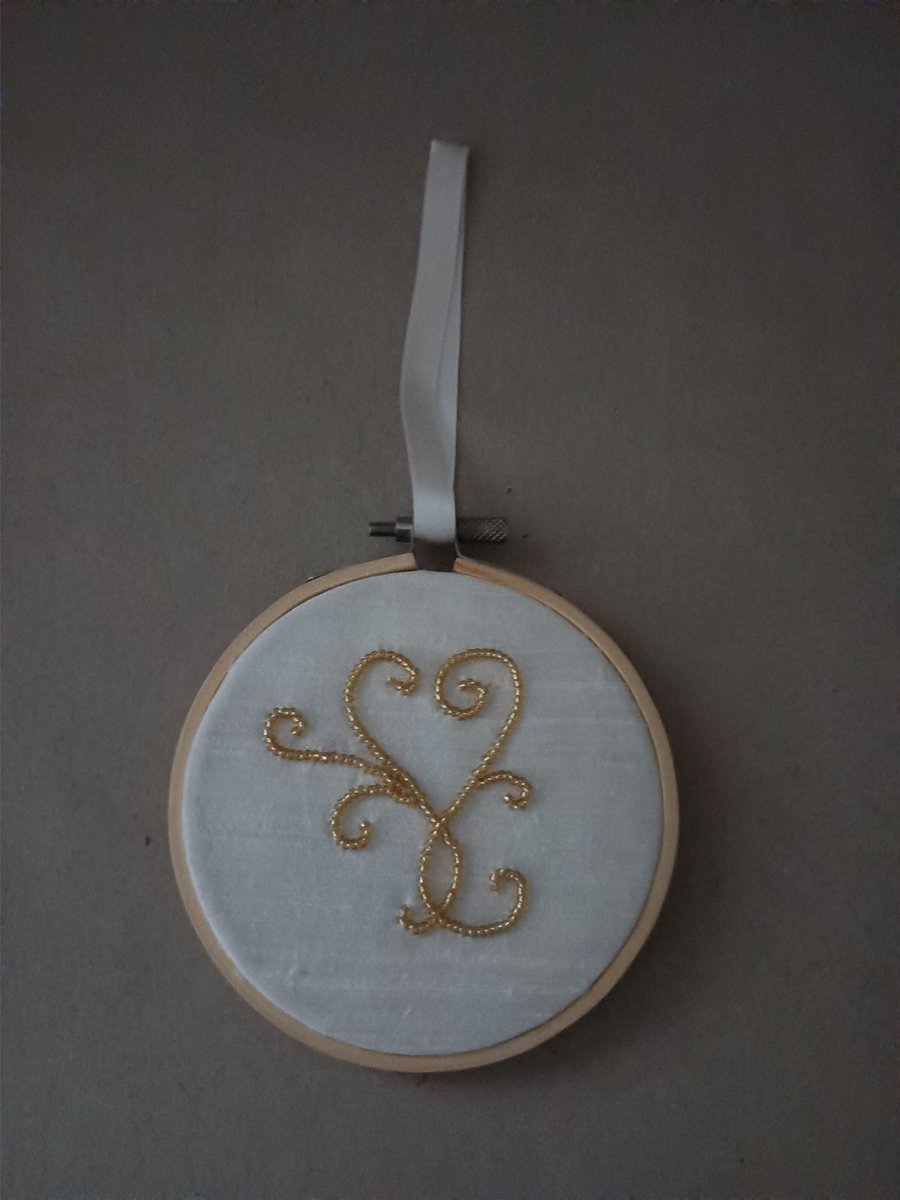 Hand beaded Gold Heart on ivory silk dupion in bamboo hoop