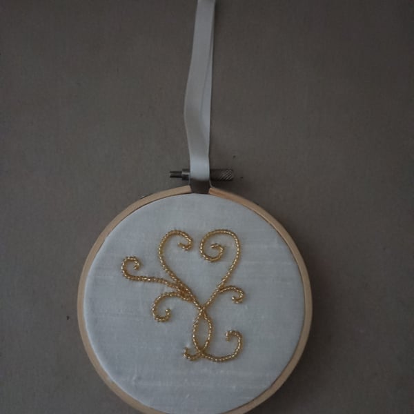 Hand beaded Gold Heart on ivory silk dupion in bamboo hoop