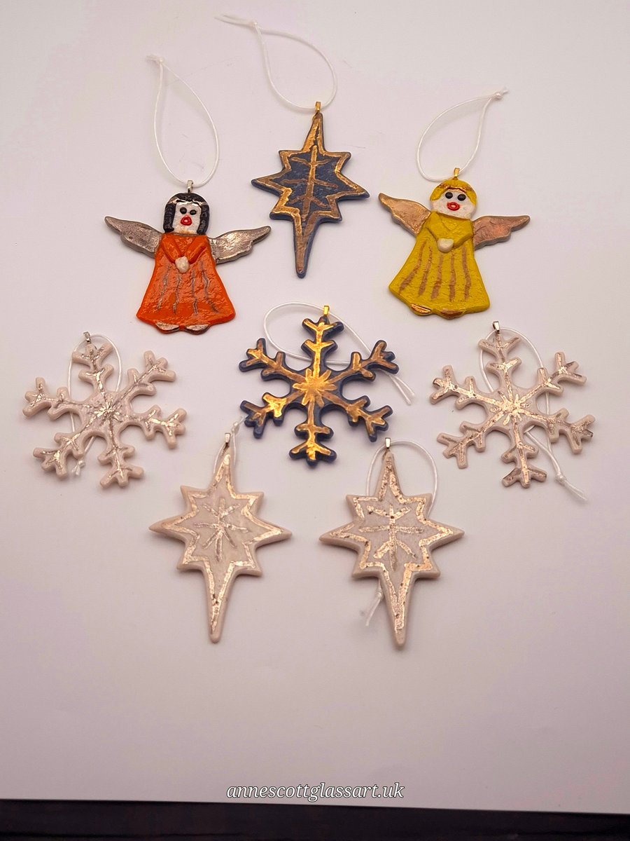 Eight Handmade Fused Glass Cookie Style Christmas Decorations