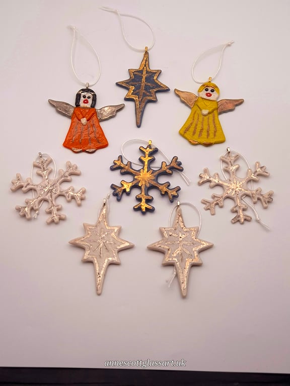 Eight Handmade Fused Glass Cookie Style Christmas Decorations