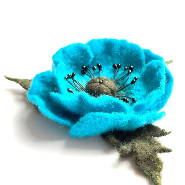 Blue Poppy Brooch Felt Flower Brooch Pin Unique Handmade Colourful Jewelry Gift 