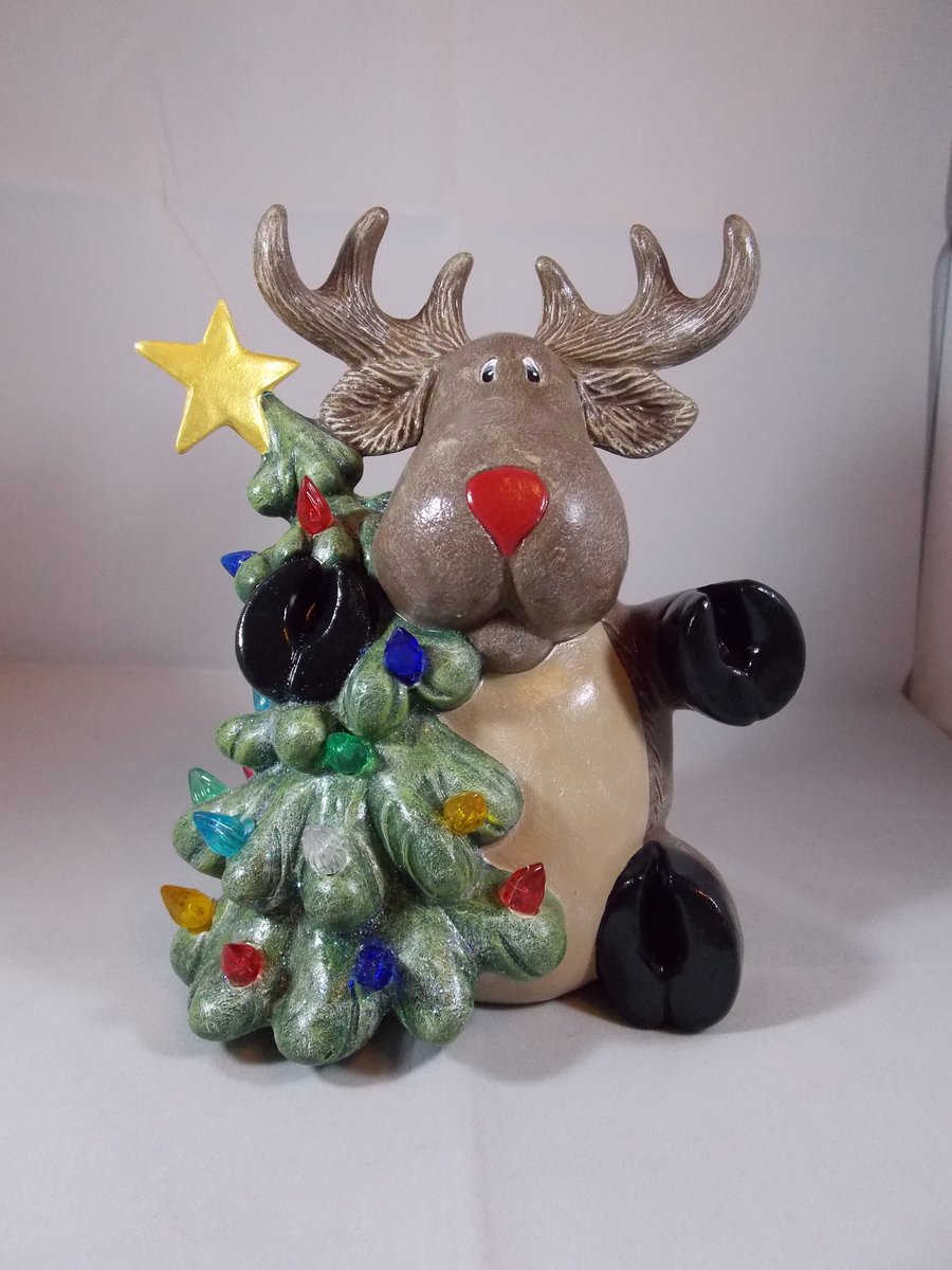 Ceramic Hand Painted Christmas Xmas Tree & Reindeer Figurine Ornament Decoration