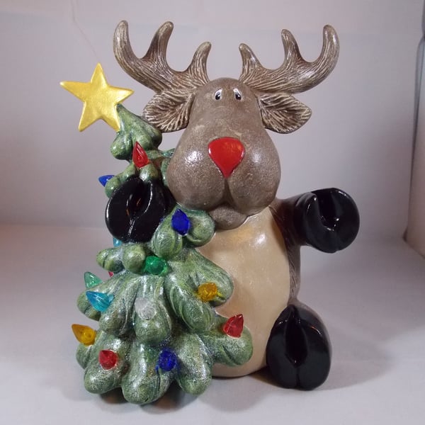 Ceramic Hand Painted Christmas Xmas Tree & Reindeer Figurine Ornament Decoration