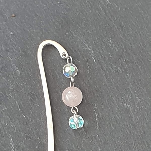 Silver-Plated Bookmark with a Rose Quartz Bead and two Upcycled Beads