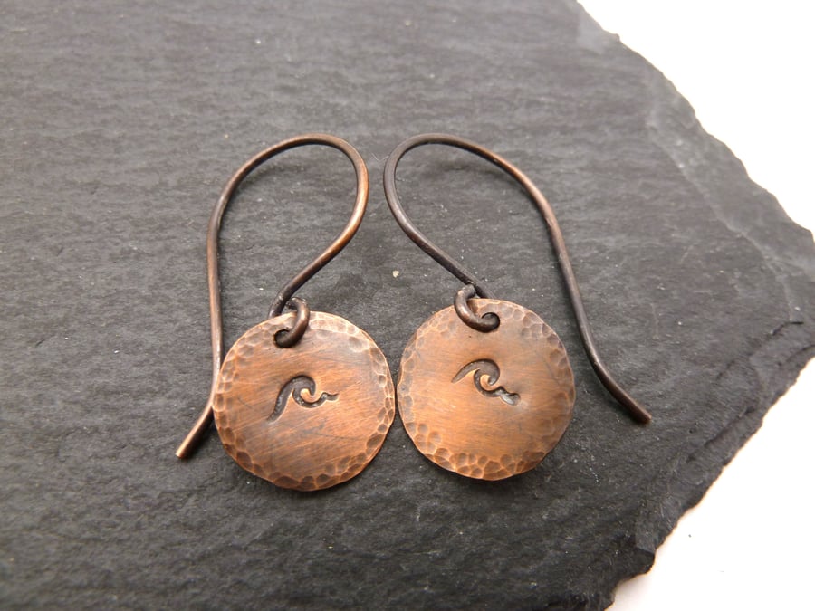 copper wave earrings, hand stamped jewellery