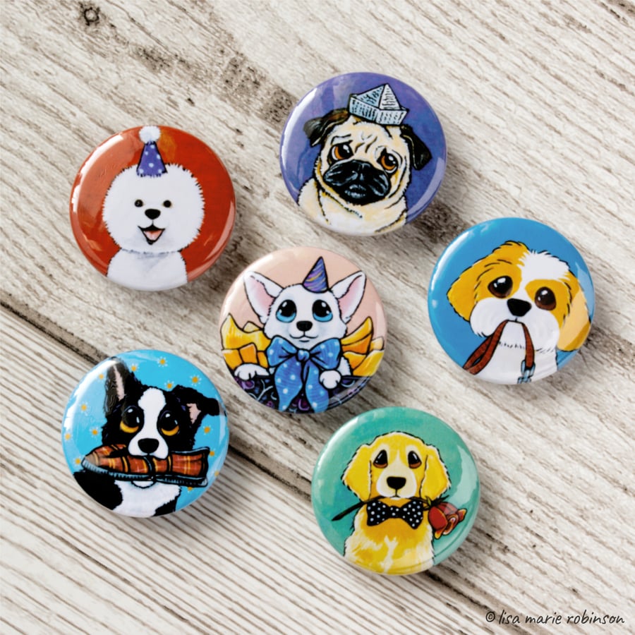 Assorted Dogs 25mm Button Badges - 6 Pack