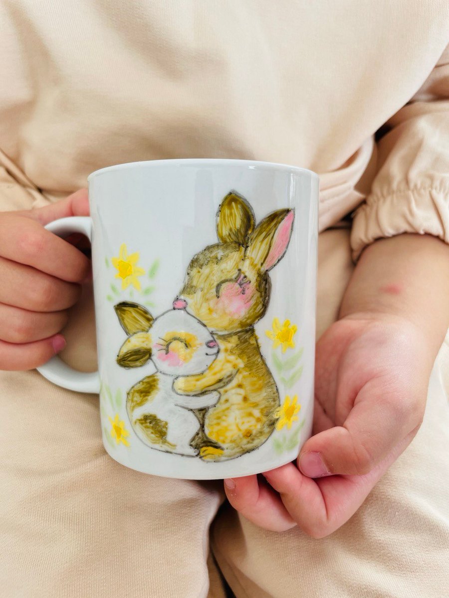 hand-painted mug, illustration of rabbits, gift for mom, daughter, sister, girlf