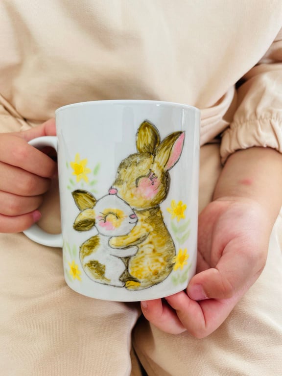 hand-painted mug, illustration of rabbits, gift for mom, daughter, sister, girlf
