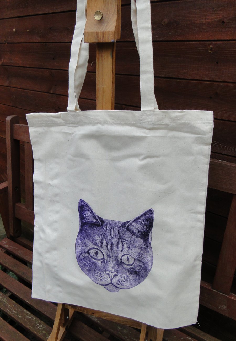Purple Big Eyed Cat Collagraph Hand Printed Cream Tote Shopping Bag 