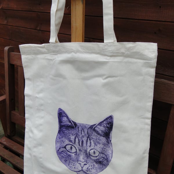 Purple Big Eyed Cat Collagraph Hand Printed Cream Tote Shopping Bag 