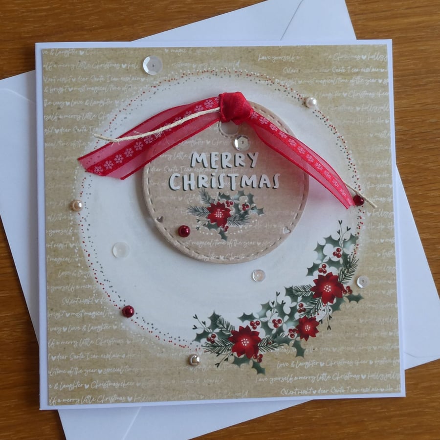 Christmas Card - Wreath With Red Poinsettias- Merry Christmas