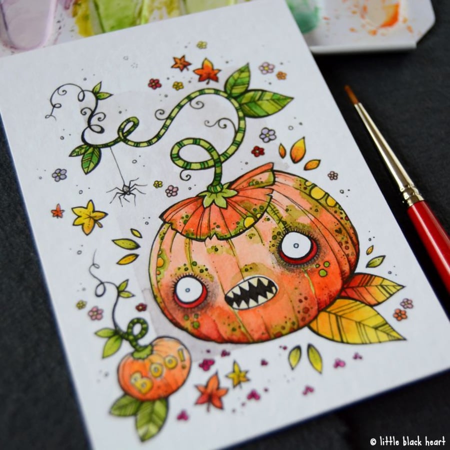 boo zombie pumpkin - original aceo
