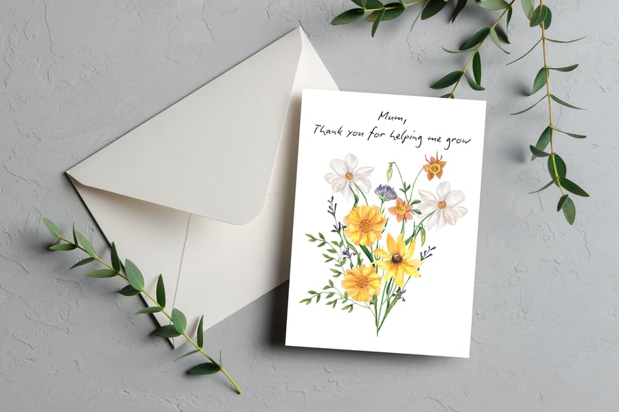 Mum, Thank You for Helping Me Grow" Floral Greeting Card
