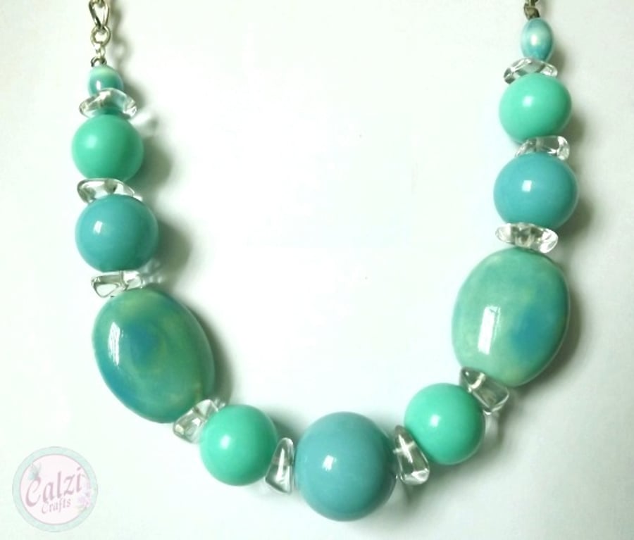 Chunky Ceramic Bead Necklace (Ocean Breeze)