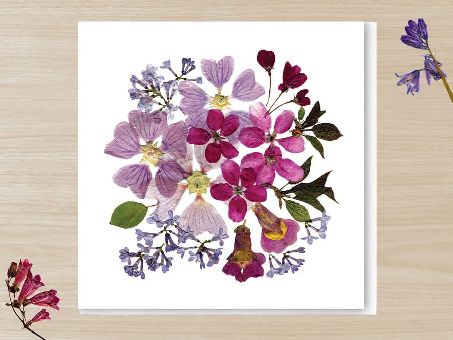 Lilac, Cherry & Mallow, Pressed Flower Print card, 