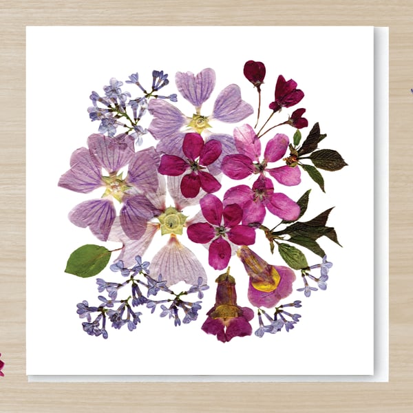 Lilac, Cherry & Mallow, Pressed Flower Print card, 