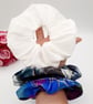 Set of 3 large scrunchies,  white satin,  navy velour and blue petal.   - Image 3