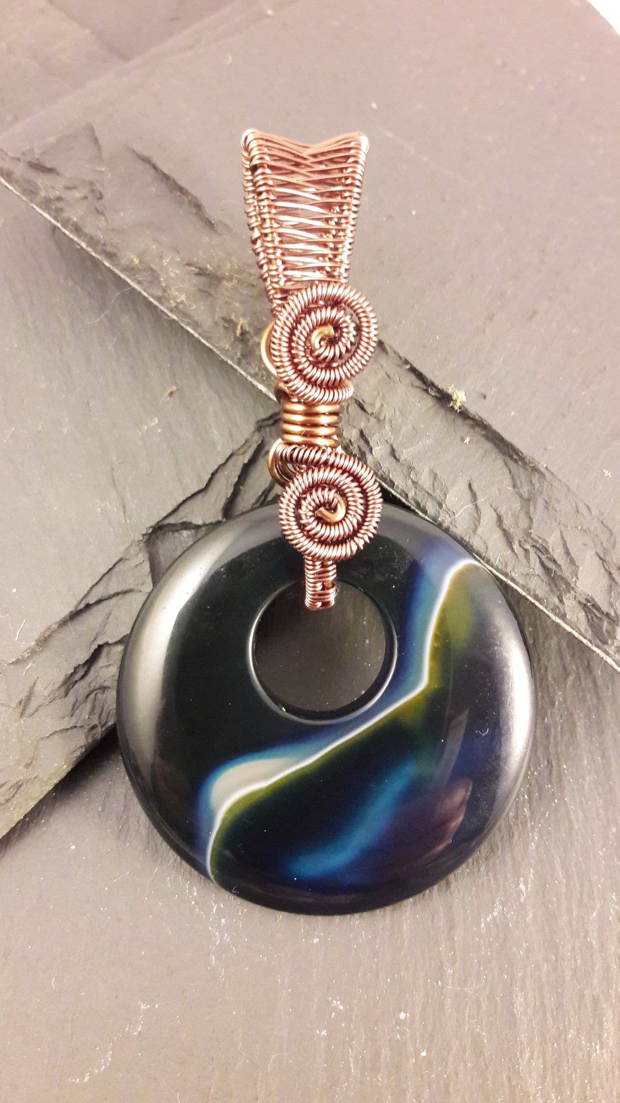 Blue Agate Asymmetric Donut Reversible Wire Wrapped Pendant