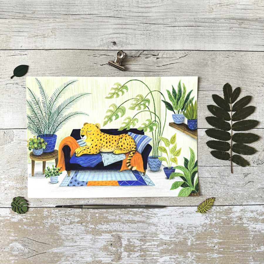 Original Leopard and plants Painting - Gouache Painting - One of a kind