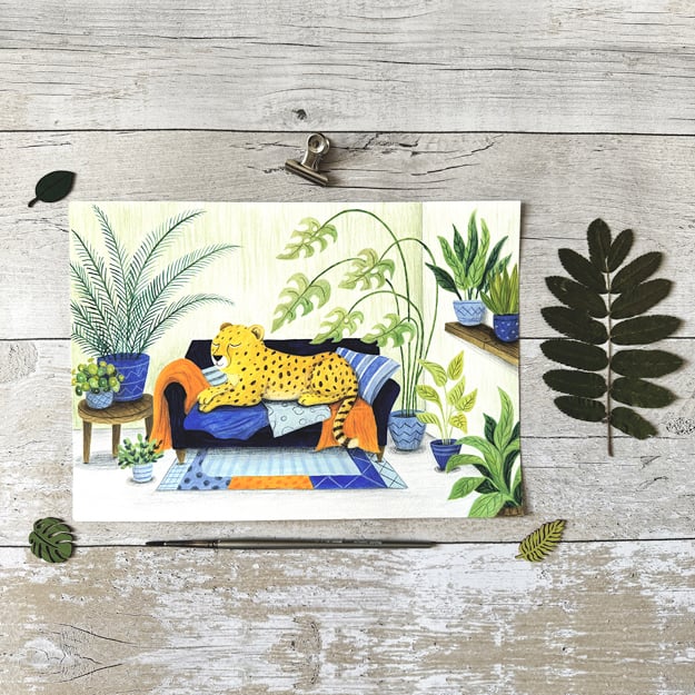 Original Leopard and plants Painting - Gouache Painting - One of a kind