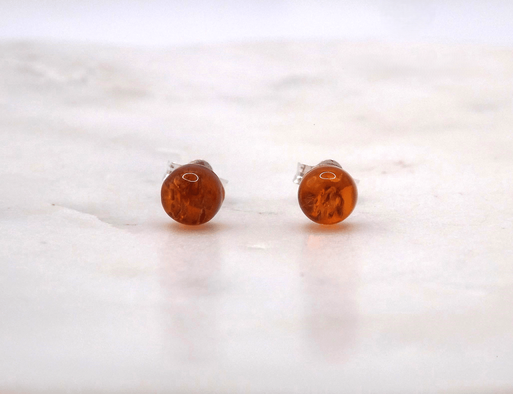 Amber Round Cabochon 5mm Gemstone Sterling Silver Stud Earrings.