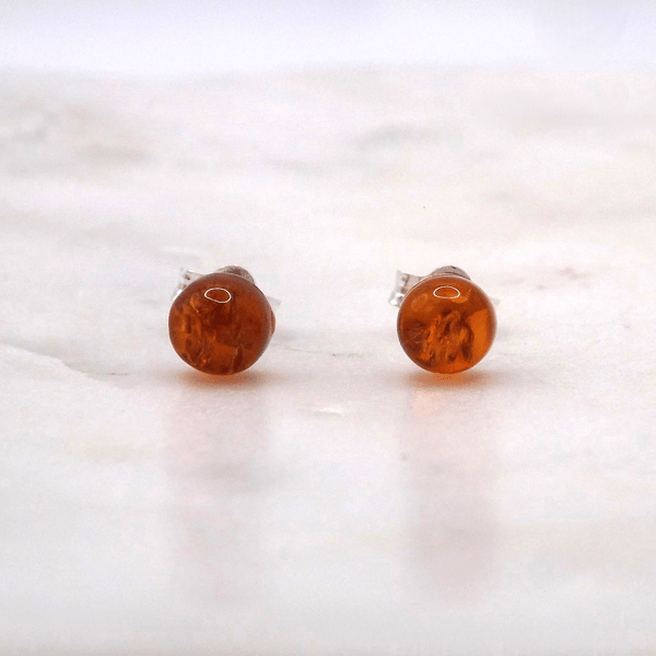 Amber Round Cabochon 5mm Gemstone Sterling Silver Stud Earrings.