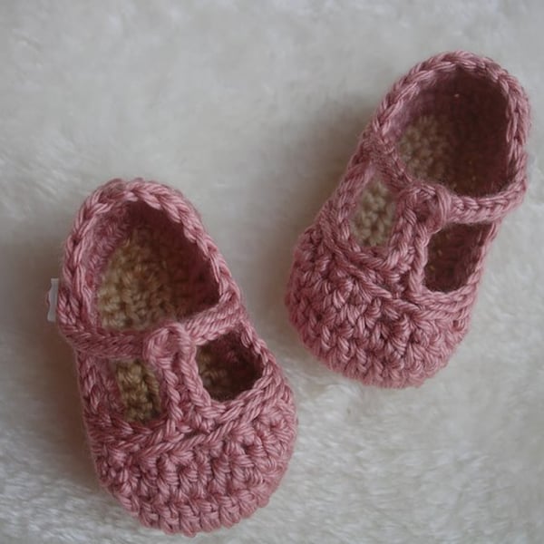 Dusty Pink Baby Shoes, Traditional T-Strap Style, Sizes Newborn - 12 Months