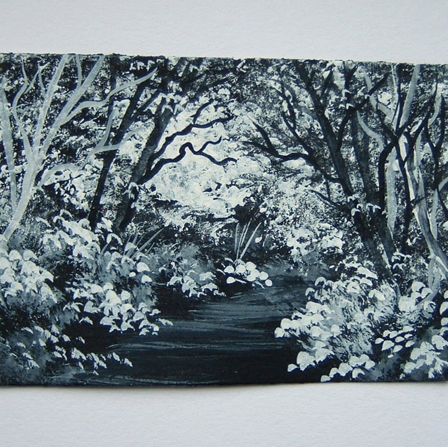 aceo SFA original miniature watercolour painting monochrome woodland 140