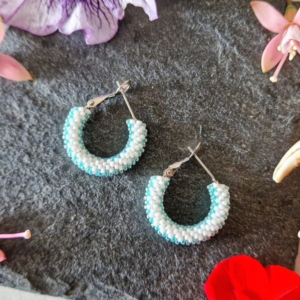 Sterling Silver White Beaded Huggy Hoop Earrings