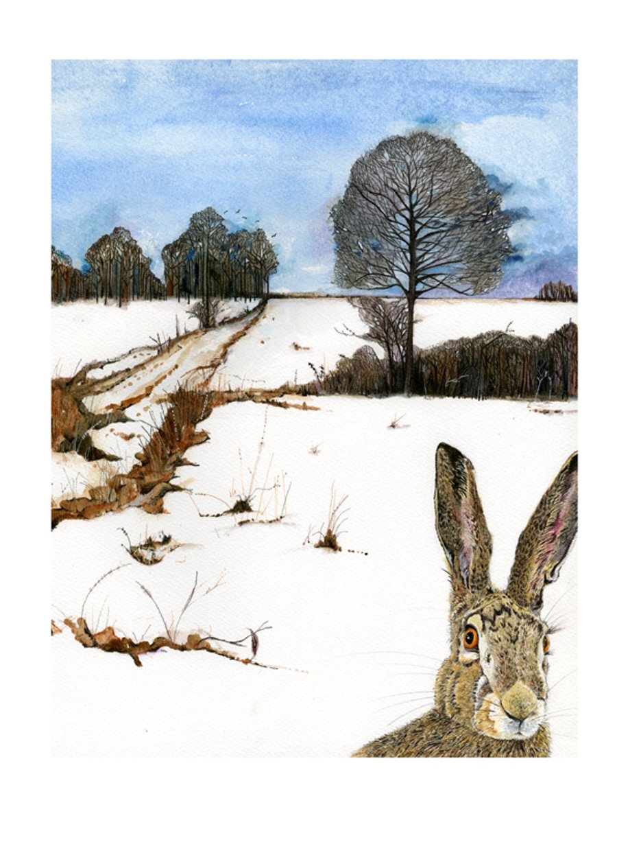 Hare in Winter Landscape A4 giclee Print