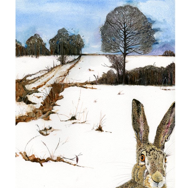 Hare in Winter Landscape A4 giclee Print