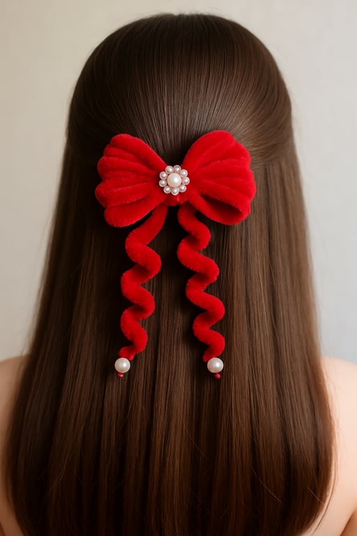 Elegant Red Velvet Pipe Cleaner Bow Hair Clip – Pearl & Spiral Drop Detail