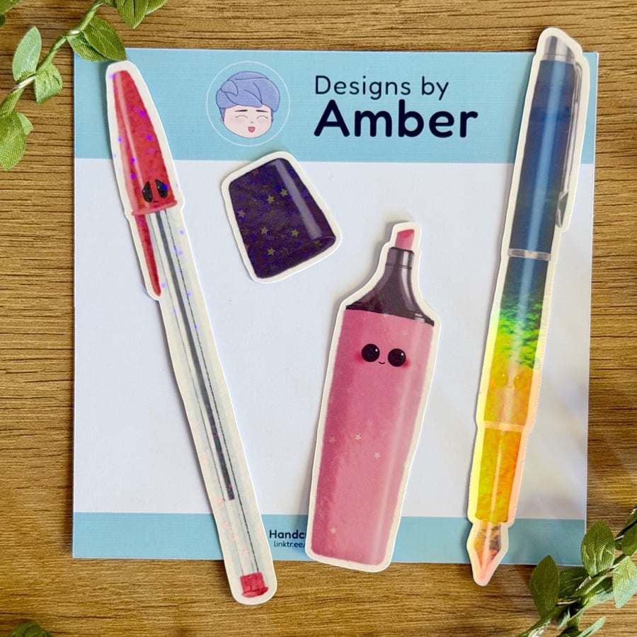 Pen Pals Holographic Vinyl Sticker Set - Fountain Pen Biro Highlighter