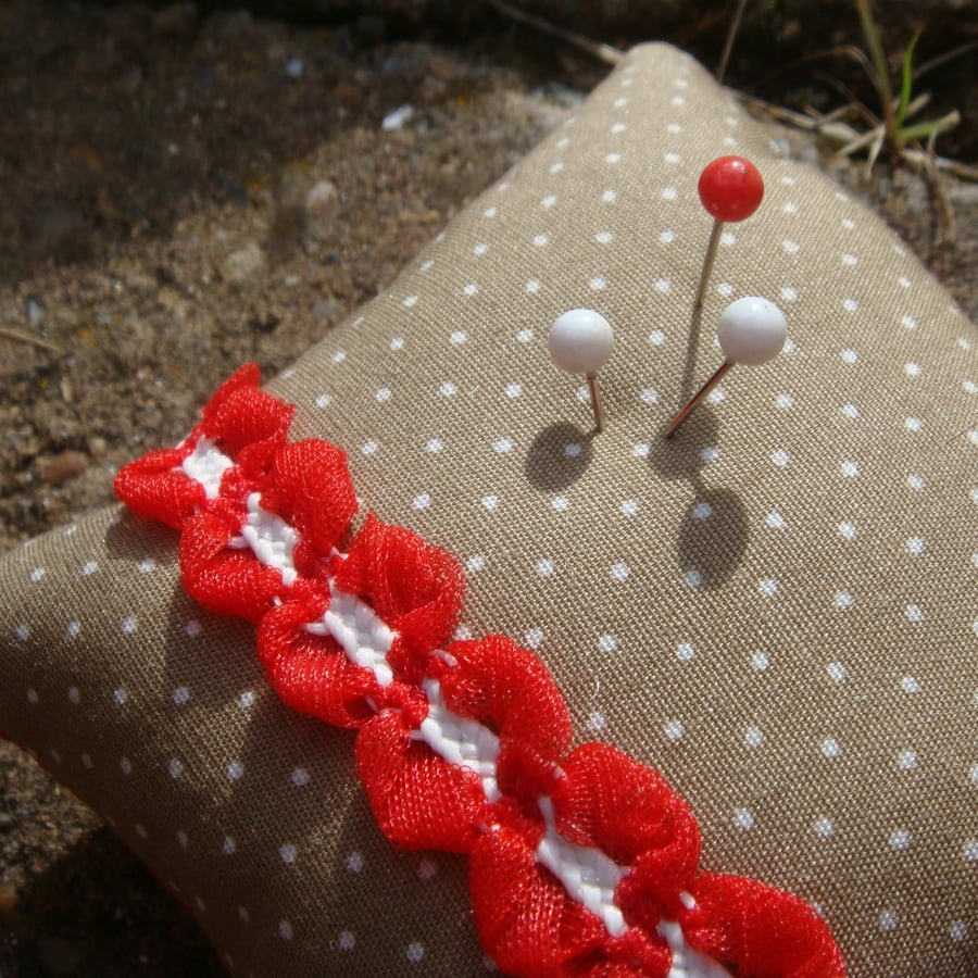 Pin Cushion, up-cycled vintage braid 